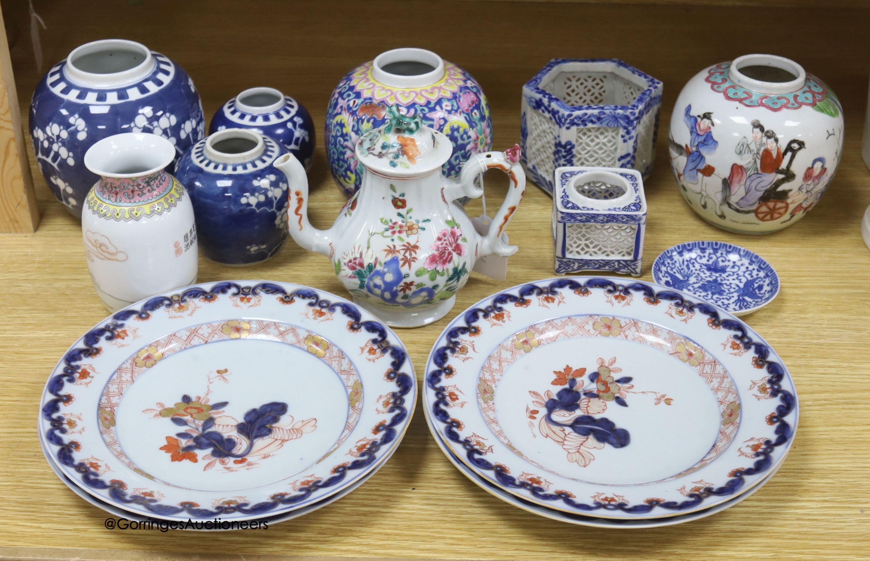 A group of mixed Chinese ceramics including a and 18th century famille rose teapot and four Samson Imari dishes, diameter 23cm